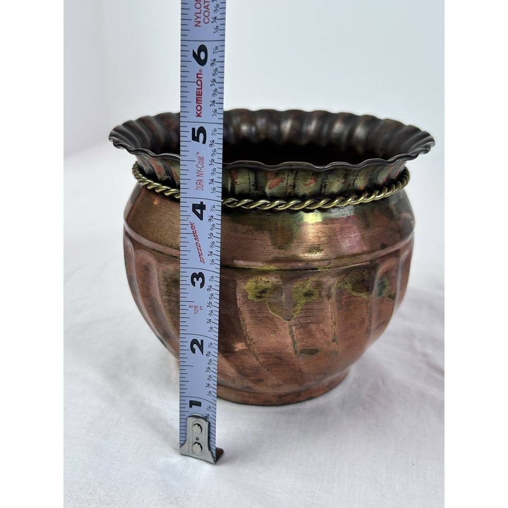 vtg copper planter bowl with rope and tassel detail Ruffled - Picture 2 of 9